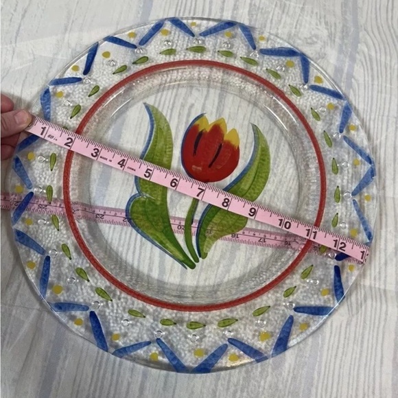 HAND PAINTED TULIP FLOWER ART GLASS Large PLATE Serving Platter Scandinavian - Picture 7 of 9
